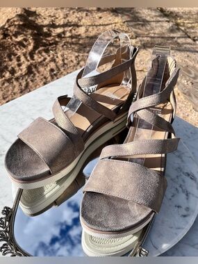 Eileen Fisher Metallic Leather Platform Sandals, 10, Mica Suede, Back zips